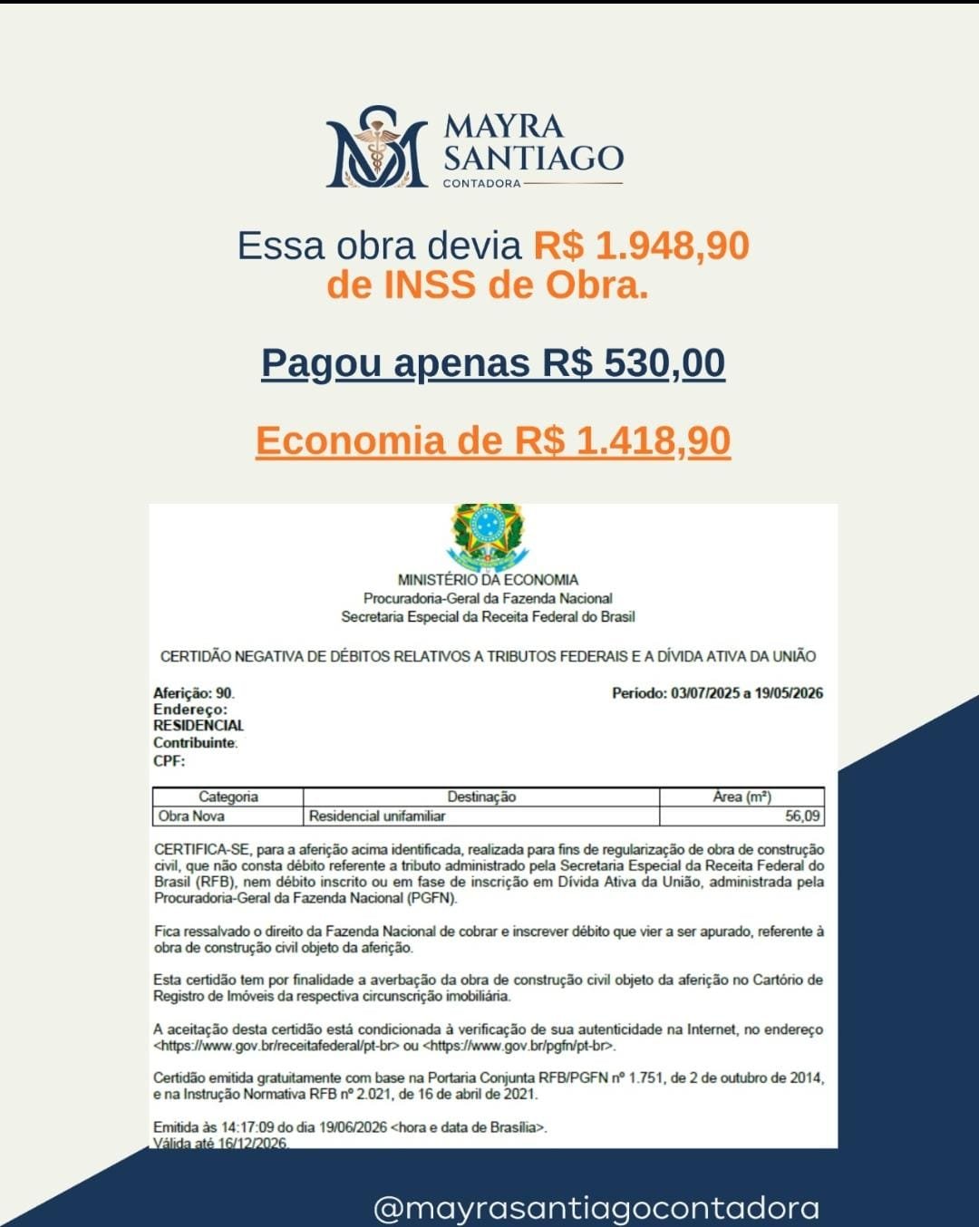 Resultado real de economia no INSS de obra