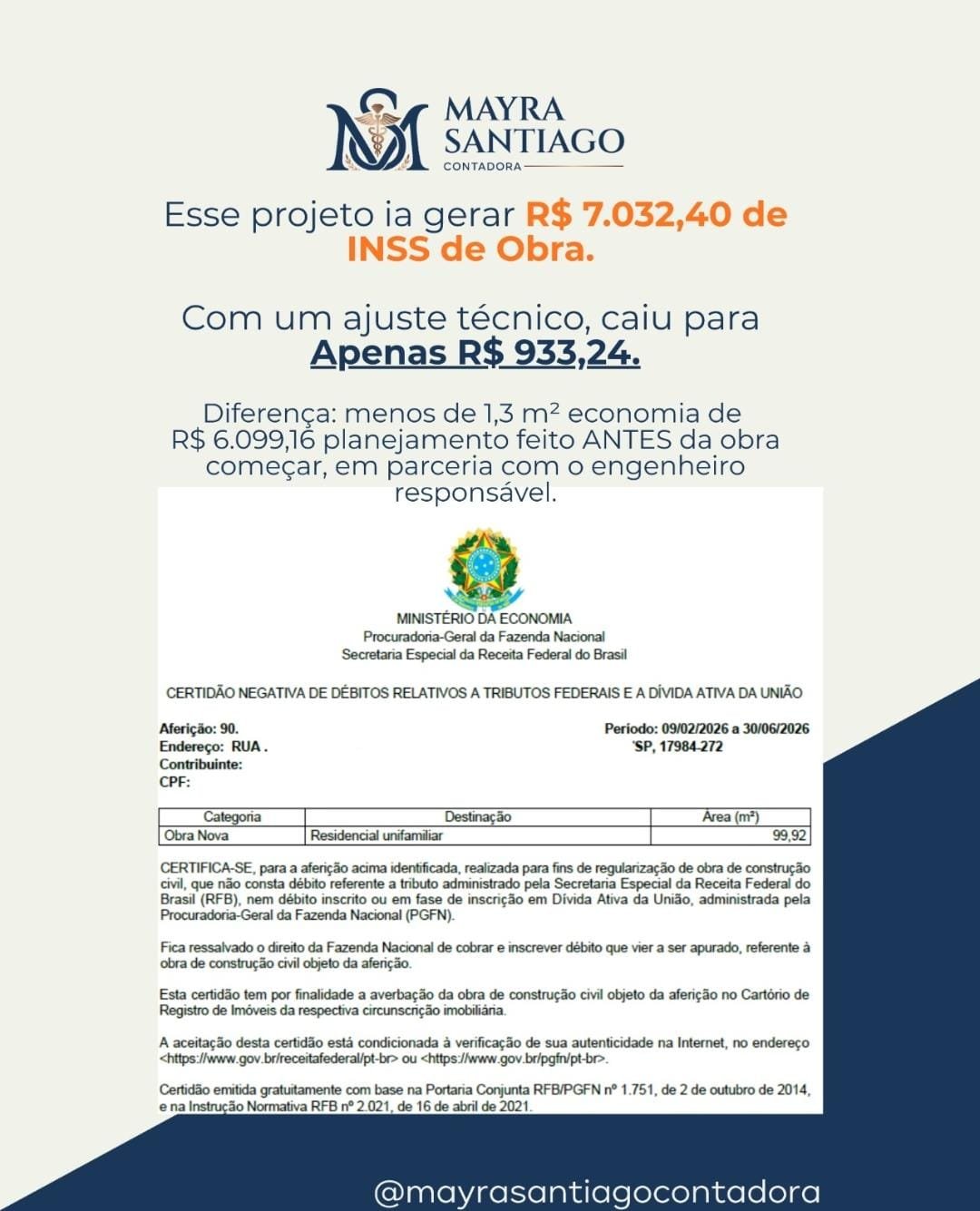 Resultado real de redução de INSS de obra