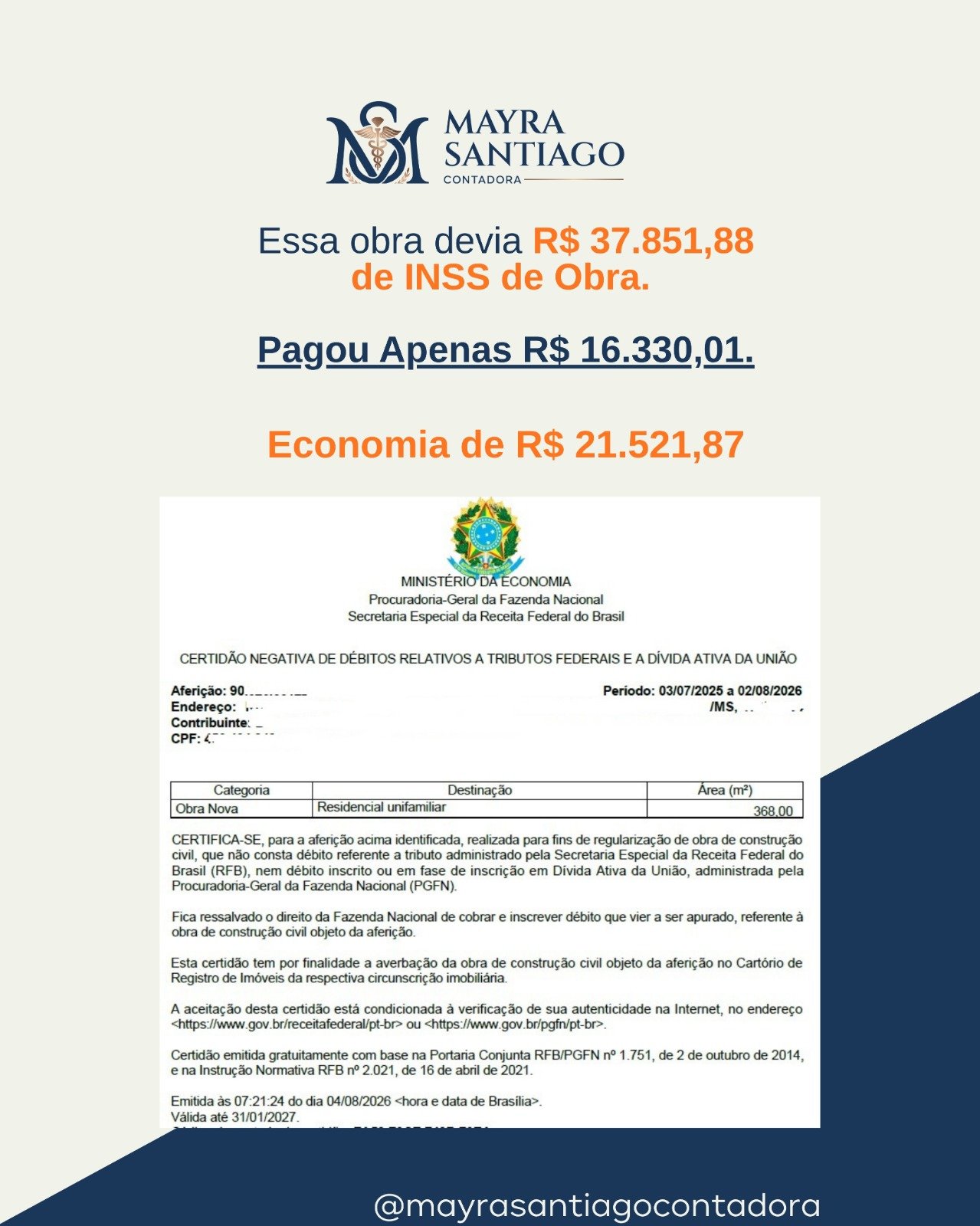 Resultado real de economia no INSS de obra