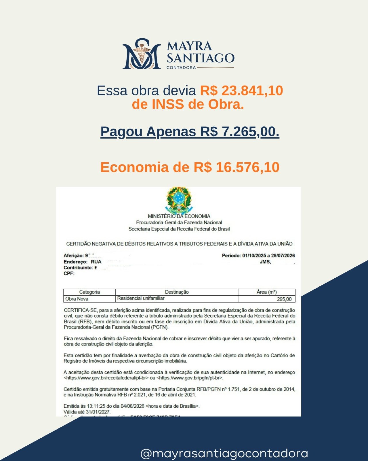 Resultado real de redução de INSS de obra